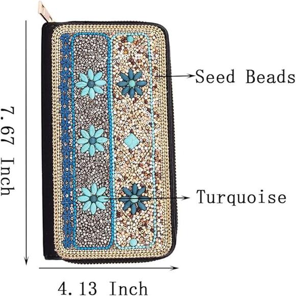 NWT Treeable Bohemian Beaded Leather Zipper Women's Wallet Blue Flower Long - Picture 2 of 7